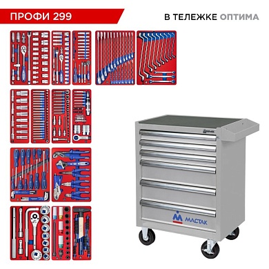 Набор инструментов 299 предметов, "ПРОФИ 299", в серой тележке МАСТАК 52-06299G